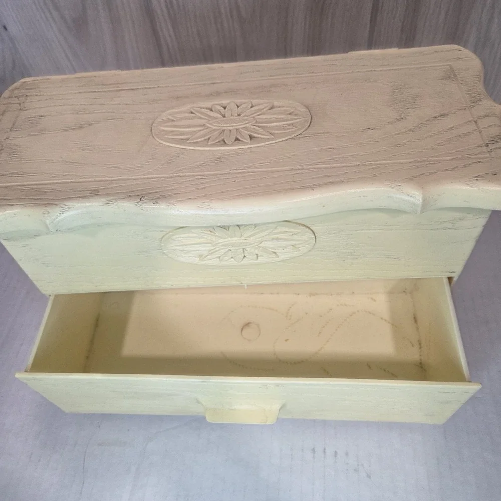 Vtg Lerner Sewing Recipe Grandmas Box Flip Lid Drawer Faux Wood Storage White
